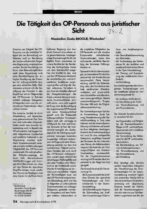 Vorschauseite 1: Die Tätigkeit des OP-Personals aus juristischer Sicht