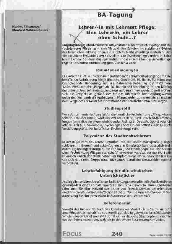 Vorschauseite 1: Lehrer/-in mit Lehramt Pflege: Eine Lehrerin, ein Lehrer ohne Schule...?