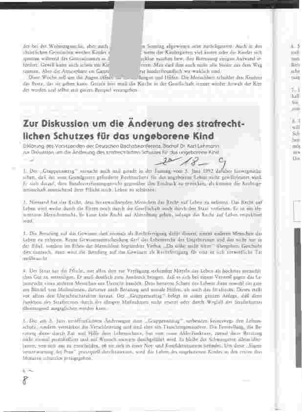 Vorschauseite 1: Zur Diskussion um die Änderung des strafrechtlichen Schutzes für das ungeborene Kind. Erklärung des Vorsitzenden der Dt. Bischofskonferenz