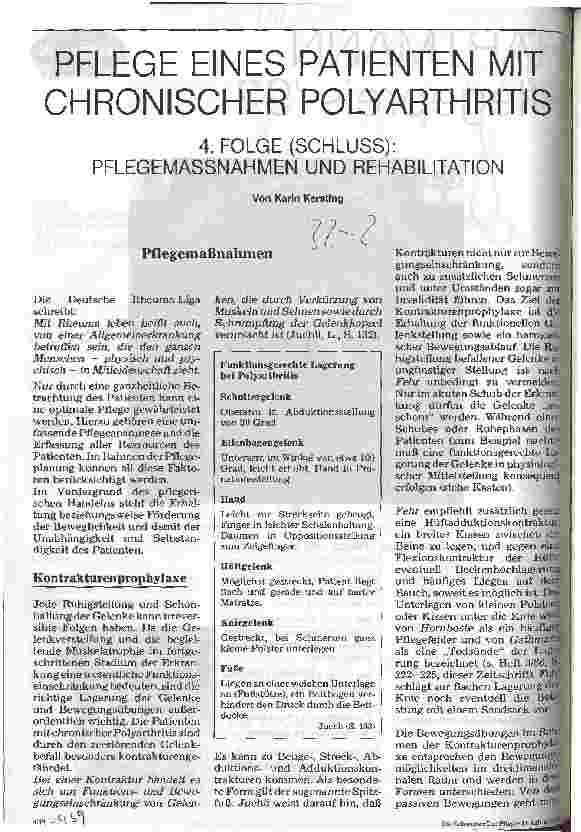 Vorschauseite 1: Pflege eines Patienten mit chronischer Polyarthritis 4. Folge (Schluß): Pflegemaßnahmen und Rehabilitation