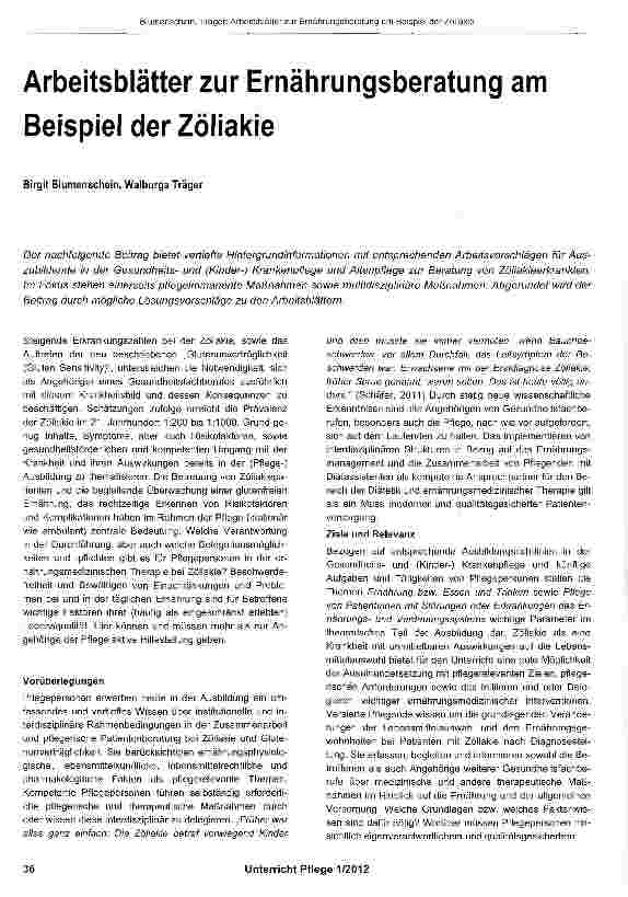 Vorschauseite 1: Arbeitsblätter zur Ernährungsberatung am Beispiel der Zöliakie