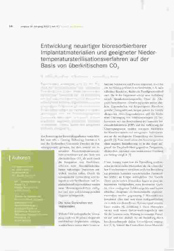 Vorschauseite 1: Entwicklung neuartiger bioresorbierbarer Implantatmaterialien und geeigneter Niedertemperatursterilisationsverfahren auf der Basis von überkritischem CO2