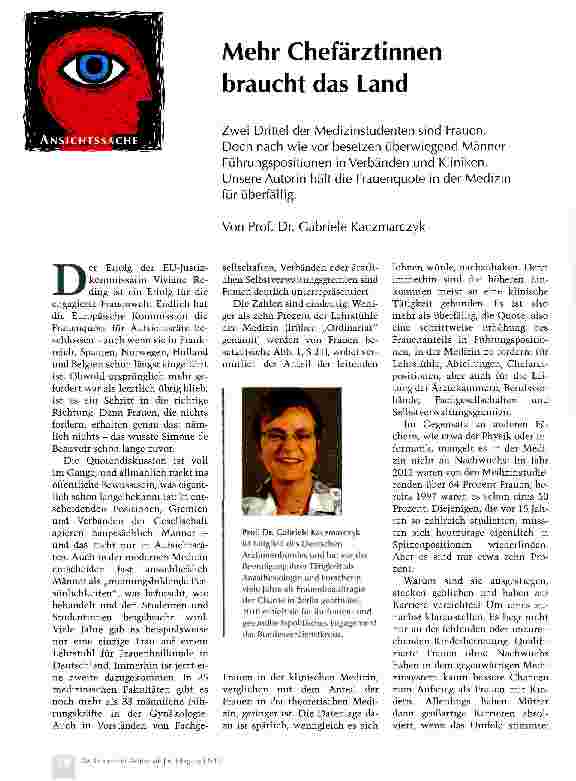 Vorschauseite 1: Mehr Chefärztinnen braucht das Land