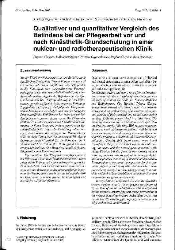 Vorschauseite 1: Qualitativer und quantitativer Vergleich des Befindens bei der Pflegearbeit vor und nach Kinästhetik-Grundschulungen in einer nuklearund radiotherapeutischen Klinik