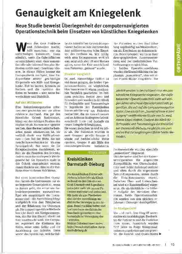 Vorschauseite 1: Genauigkeit am KniegelenkNeue Studie beweist Überlegenheit der computernavigierten Operationstechnik beim Einsetzen von künstlichen Kniegelenken