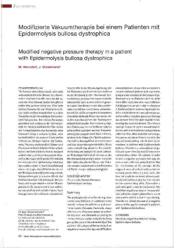Vorschauseite 1: Modifizierte Vakuumtherapie bei einem Patienten mit Epidermolysis bullosa dystrophica