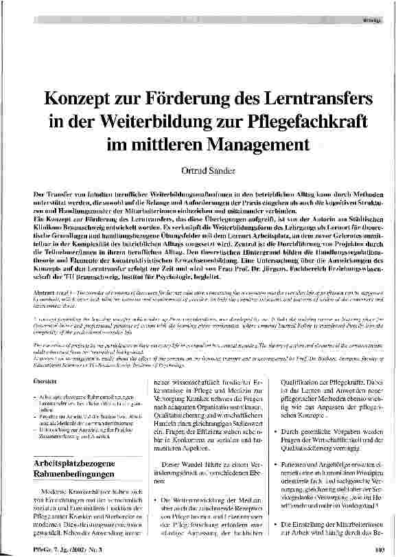 Vorschauseite 1: Konzept zur Förderung des Lerntransfers in der Weiterbildung zur Pflegefachkraft im mittleren Management