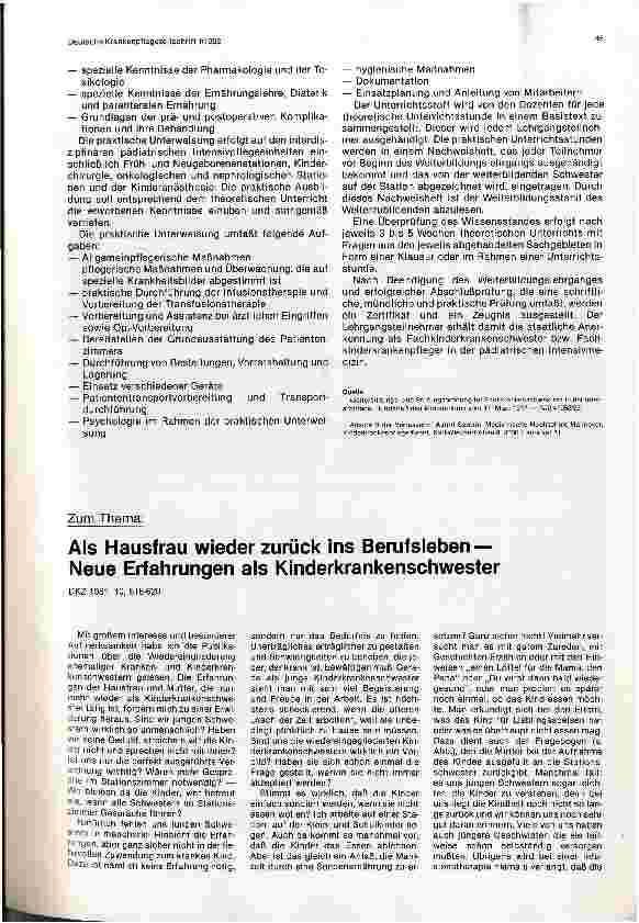 Vorschauseite 1: Als Hausfrau wieder zurück ins Berufsleben — Neue Erfahrungen als KinderkrankenschwesterDKZ 1981, 10, 618-620
