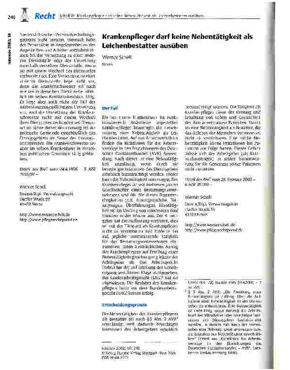 Vorschauseite 1: Krankenpfleger darf keine Nebentätigkeit als Leichenbestatter ausüben