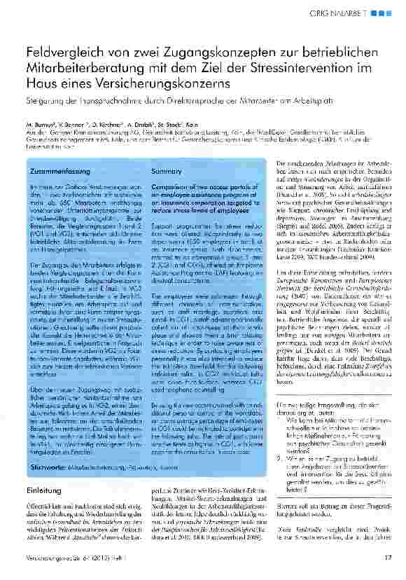 Vorschauseite 1: Feldvergleich von zwei Zugangskonzepten zur betrieblichen Mitarbeiterberatung mit dem Ziel der Stressintervention im Haus eines Versicherungskonzerns