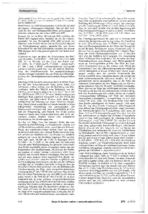 Vorschauseite 2: Europarechtskonforme Auslegung des §7 Abs. 3 BUrIG bei langdauernder KrankheitBUrIG § 7 Abs. 3; MTV Einzelhandel Bayern § 11
