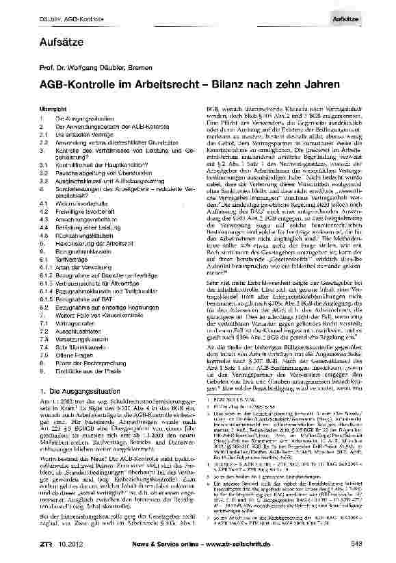 Vorschauseite 1: AGB-Kontrolle im Arbeitsrecht - Bilanz nach zehn Jahren