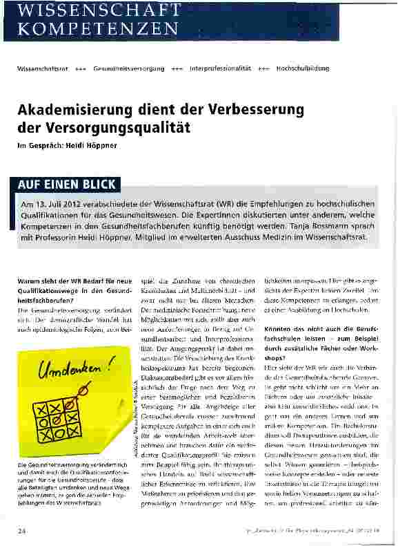 Vorschauseite 1: Akademisierung dient der Verbesserung der Versorgungsqualität