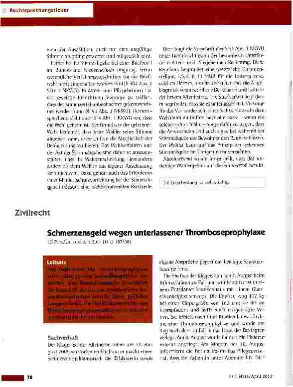 Vorschauseite 1: Schmerzensgeld wegen unterlassener Thromboseprophylaxe