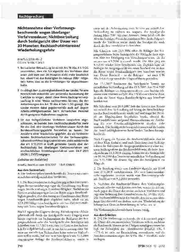Vorschauseite 1: Nichtannahme einer Verfassungsbeschwerde wegen überlanger Verfahrensdauer; Nichtbearbeitung durch Sozialgericht über Dauer von 30 Monaten; Rechtsschutzinteresse/ Wiederholungsgefa…