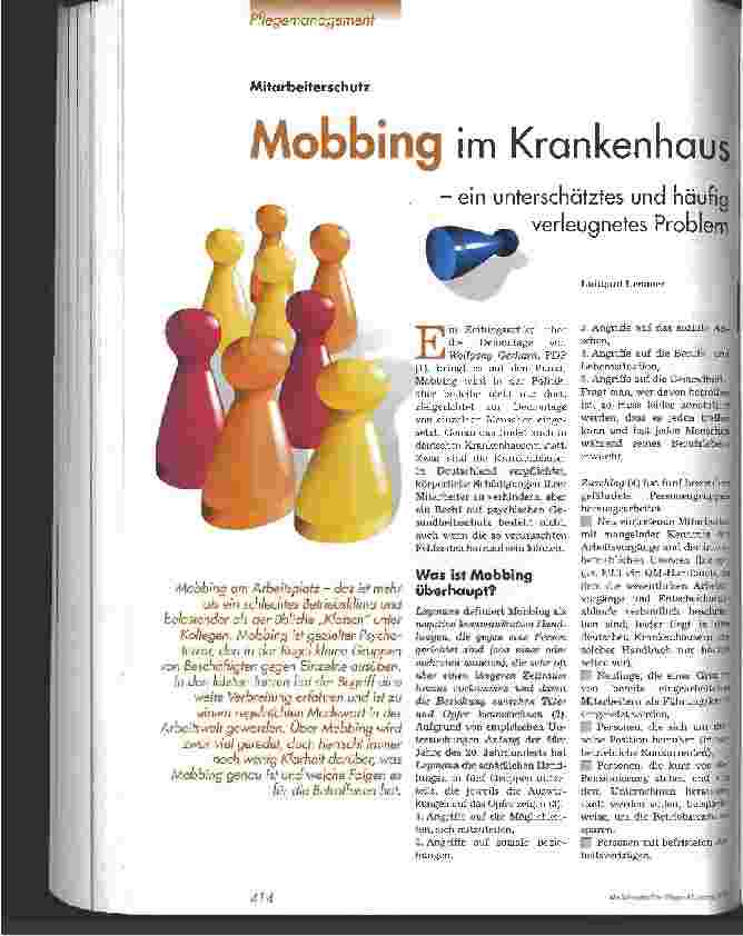 Vorschauseite 1: Mobbing im Krankenhaus - ein unterschätztes und häufig verleugnetes Problem