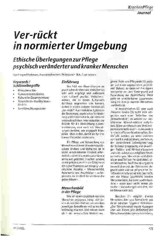 Vorschauseite 1: Ver-rückt in normierter Umgebung Ethische Überlegungen zur Pflege psychisch veränderter und kranker Menschen