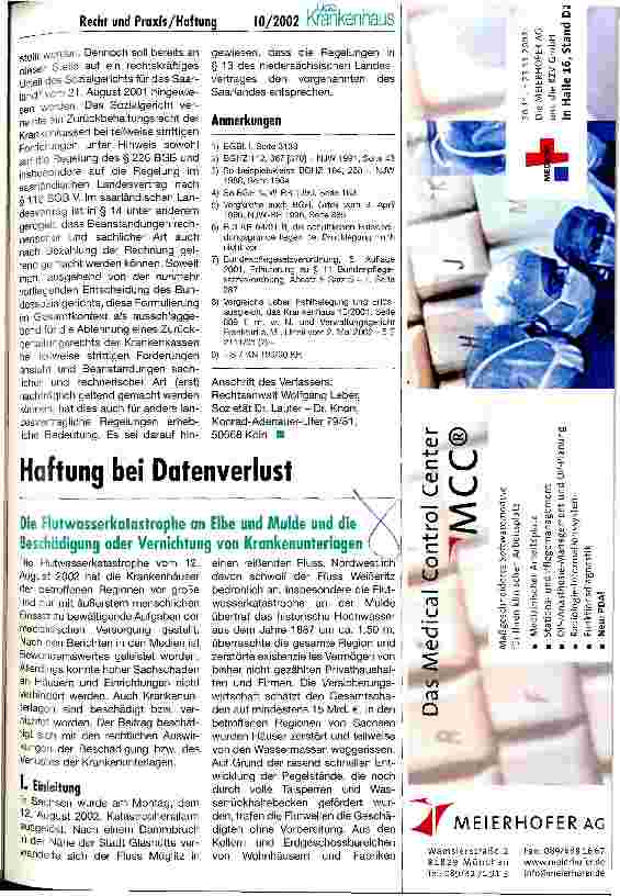 Vorschauseite 1: Haftung bei Datenverlust Die Flutwasserkatastrophe an Elbe und Mulde und die Beschädigung oder Vernichtung von Krankenunterlagen
