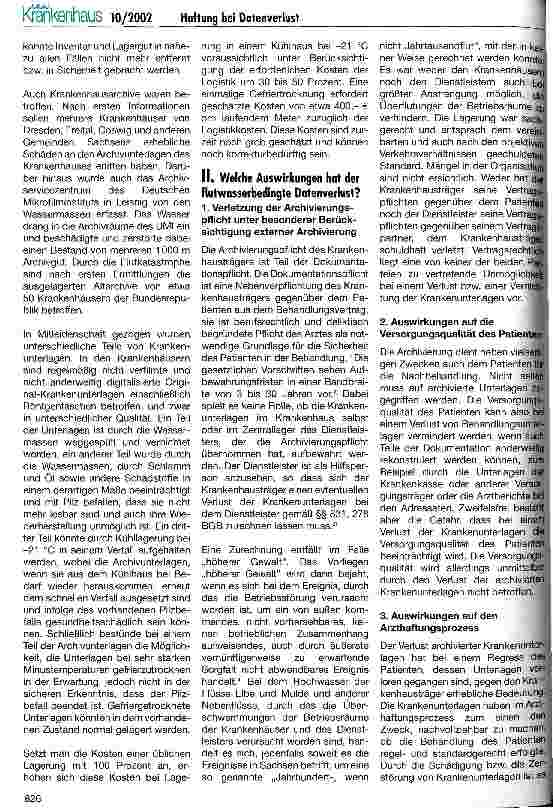 Vorschauseite 2: Haftung bei Datenverlust Die Flutwasserkatastrophe an Elbe und Mulde und die Beschädigung oder Vernichtung von Krankenunterlagen