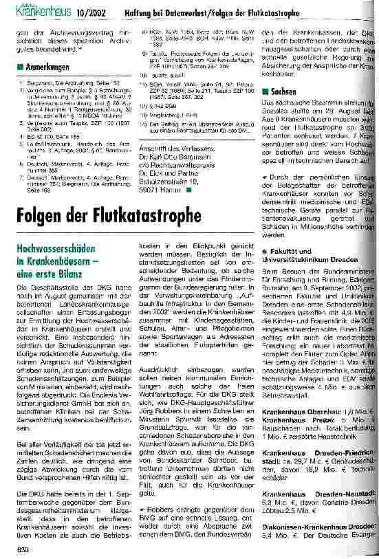 Vorschauseite 6: Haftung bei Datenverlust Die Flutwasserkatastrophe an Elbe und Mulde und die Beschädigung oder Vernichtung von Krankenunterlagen