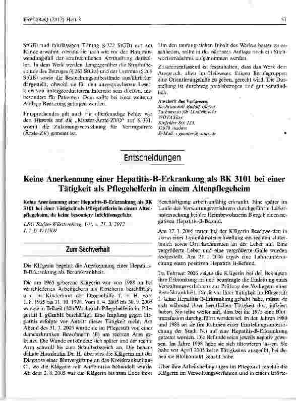 Vorschauseite 1: Keine Anerkennung einer Hepatitis-B-Erkrankung als BK 3101 bei einer Tätigkeit als Pflegehelferin in einem Altenpflegeheim