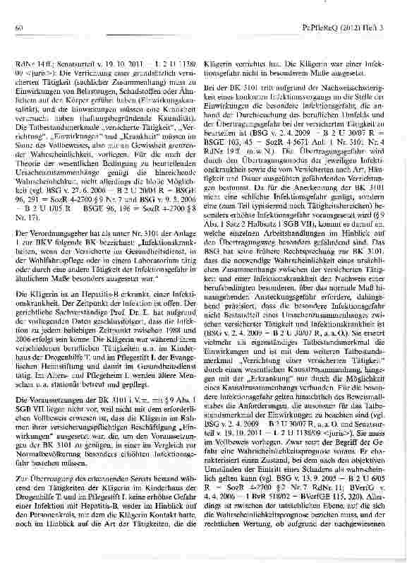 Vorschauseite 4: Keine Anerkennung einer Hepatitis-B-Erkrankung als BK 3101 bei einer Tätigkeit als Pflegehelferin in einem Altenpflegeheim