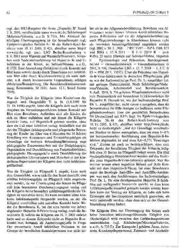 Vorschauseite 6: Keine Anerkennung einer Hepatitis-B-Erkrankung als BK 3101 bei einer Tätigkeit als Pflegehelferin in einem Altenpflegeheim