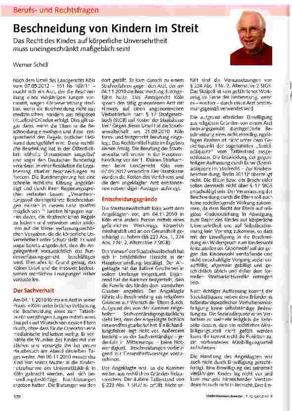 Vorschauseite 1: Beschneidung von Kindern im StreitDas Recht des Kindes auf körperliche Unversehrtheit muss uneingeschränkt maßgeblich sein!