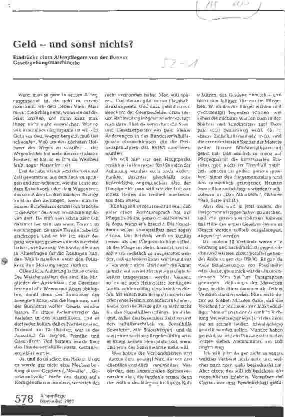 Vorschauseite 1: Geld - und sonst nichts? Eindrücke eines Altenpflegers von der Bonner Gesetzgebungsmaschinerie