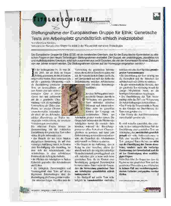 Vorschauseite 1: Stellungnahme der Europäischen Gruppe für Ethik: Genetische Tests am Arbeitsplatz grundsätzlich ethisch inakzeptabel