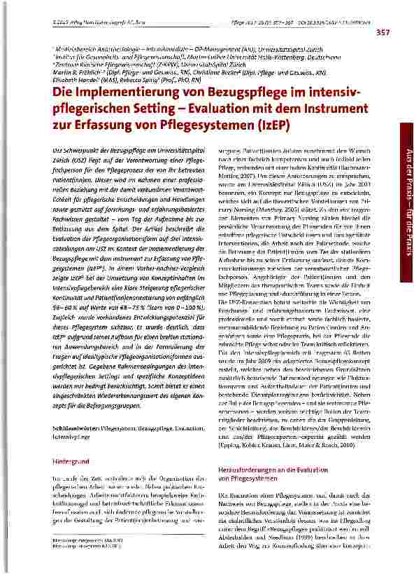 Vorschauseite 1: Die Implementierung von Bezugspflege im intensiv-pflegerischen Setting - Evaluation mit dem Instrument zur Erfassung von Pflegesystemen (IzEP)