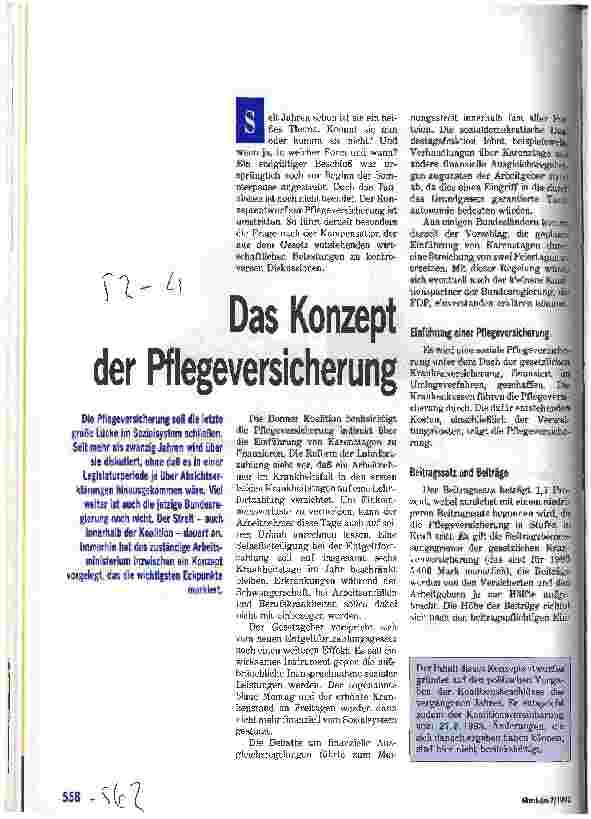 Vorschauseite 1: Das Konzept der Pflegeversicherung Streit in der Koalition