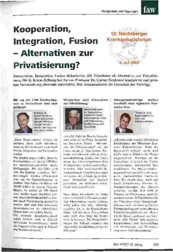 Vorschauseite 1: Kooperation, Integration, Fusion - Alternativen zur Privatisierung? 12. Neubiberger Krankenhausforum