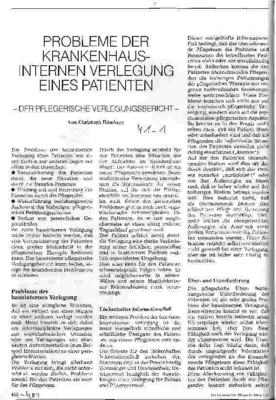 Vorschauseite 1: Probleme der krankenhausinternen Verlegung eines Patienten Der pflegerische Verlegungsbericht