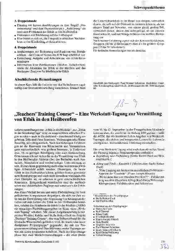Vorschauseite 1: Die Vermittlung von Ethik Teachers Training Course - Eine Werkstattagung zur Vermittlung von Ethik in den Heilberufen