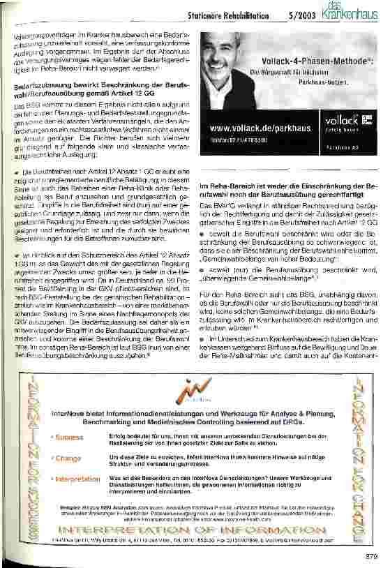 Vorschauseite 2: Zusätzliche Optionen für Krankenhäuser - keine Bedarfszulassung mehr für die stationäre Rehabilitation Konsequenzen aus dem BSG-Urteil vom 23. Juli 2002