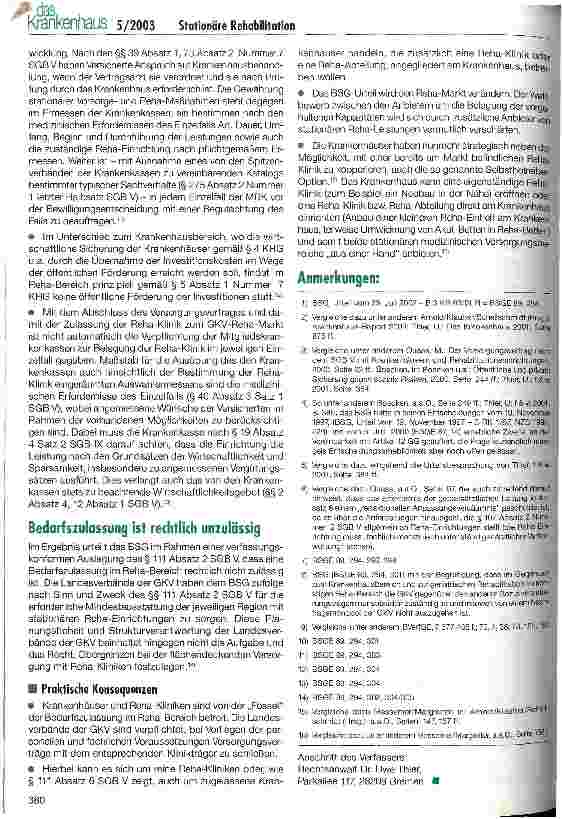 Vorschauseite 3: Zusätzliche Optionen für Krankenhäuser - keine Bedarfszulassung mehr für die stationäre Rehabilitation Konsequenzen aus dem BSG-Urteil vom 23. Juli 2002