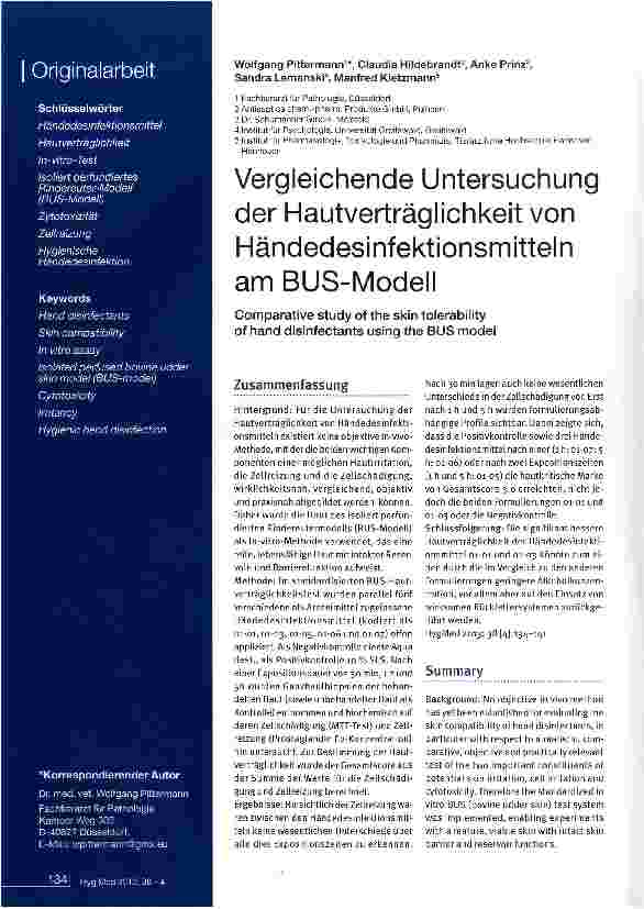 Vorschauseite 1: Vergleichende Untersuchung der Hautverträglichkeit von Händedesinfektionsmitteln am BUS-Modell