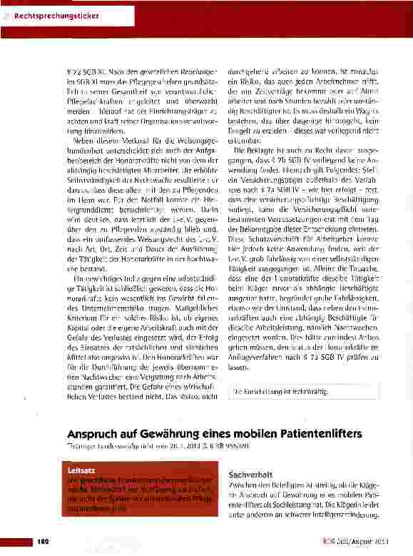Vorschauseite 1: Anspruch auf Gewährung eines mobilen Patientenlifters