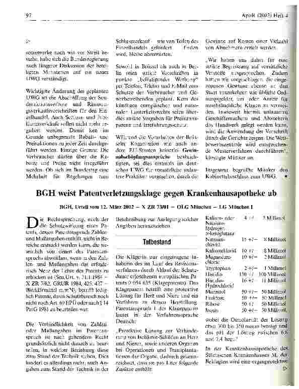 Vorschauseite 1: BGH weist Patentverletzungsklage gegen Krankenhausapotheke ab BGH, Urteil vom 12. März 2002