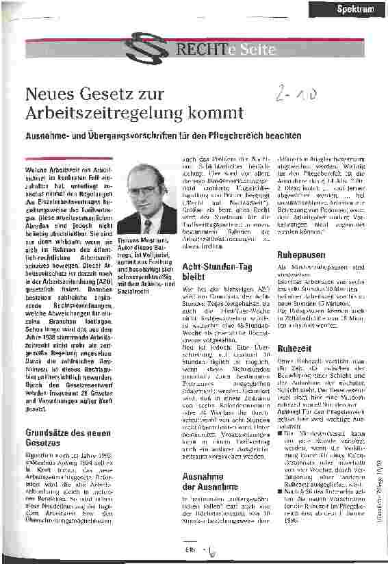 Vorschauseite 1: Neues Gesetz zur Arbeitszeitregelung Ausnahmeund Übergangsvorschriften für den Pflegebereich beachten