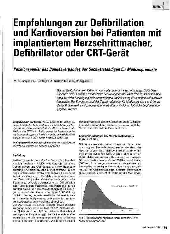 Vorschauseite 1: Empfehlungen zur Defibrillation und Kardioversion bei Patienten mit implantiertem Herzschrittmacher, Defibrillator oder CRT-Gerät