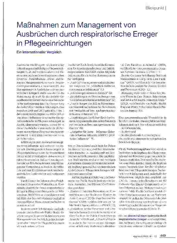 Vorschauseite 1: Maßnahmen zum Management von Ausbrüchen durch respiratorische Erreger in Pflegeeinrichtungen