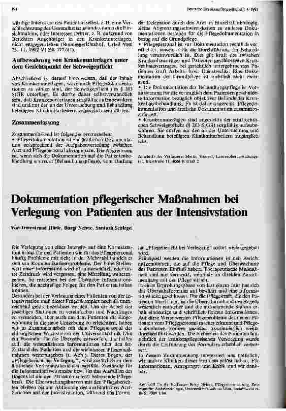 Vorschauseite 1: Dokumentation pflegerischer Maßnahmen bei Verlegung von Patienten aus der Intensivstation