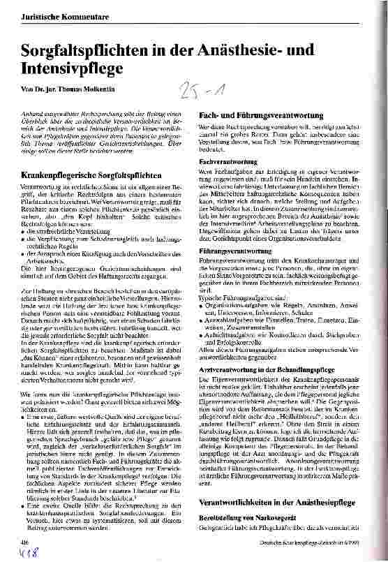 Vorschauseite 1: Sorgfaltspflichten in der Anästhesieund Intensivpflege