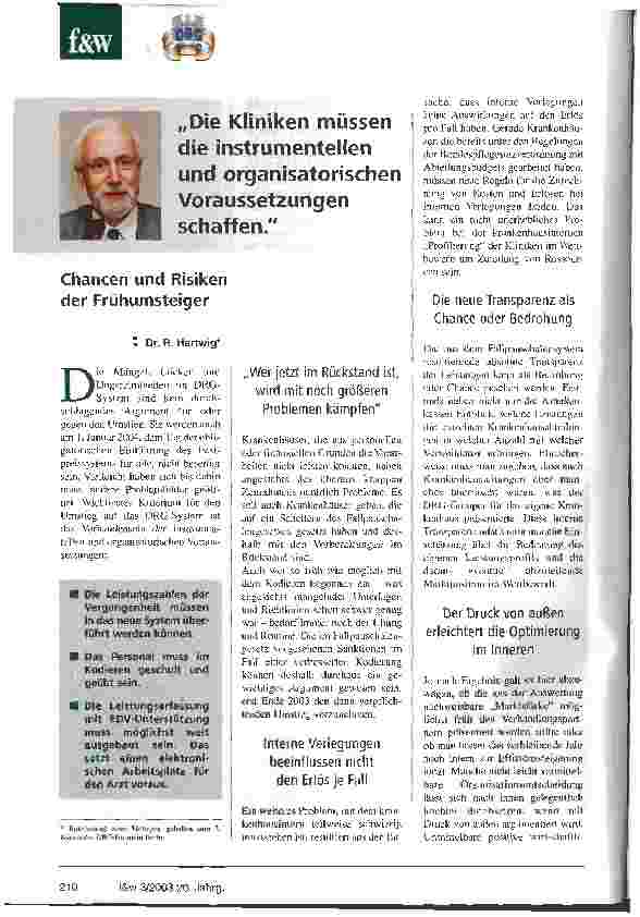 Vorschauseite 1: Die Kliniken müssen die instrumentellen und organisatorischen Voraussetzungen schaffen Chancen und Risiken der Frühumsteiger