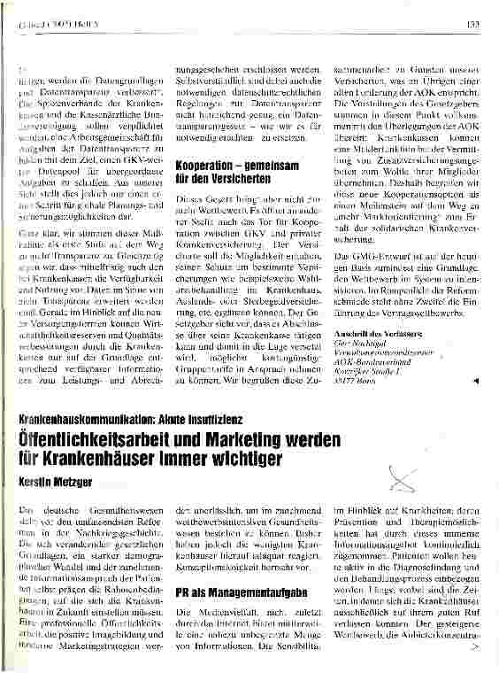 Vorschauseite 1: Öffentlichkeitsarbeit und Marketing werden für Krankenhäuser immer wichtiger Krankenhauskommunikation: Akute Insuffizienz