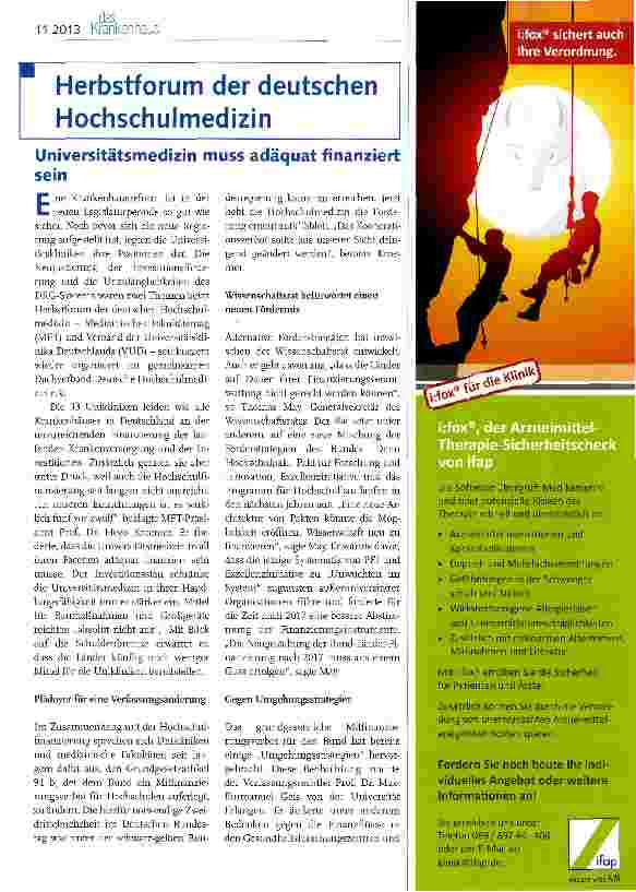 Vorschauseite 1: Herbstforum der deutschen Hochschulmedizin Universitätsmedizin muss adäquat finanziert sein