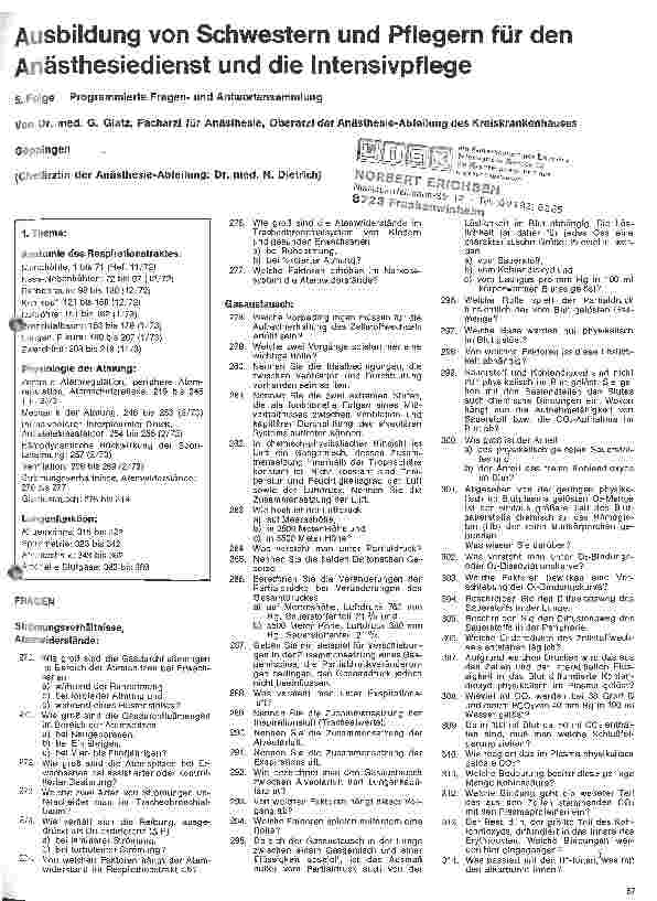 Vorschauseite 1: Ausbildung von Schwestern und Pflegern für den Anästhesiedienst u. die Intensivpflege 5. Folge: Programmierte Fragenu. Antwortensammlung