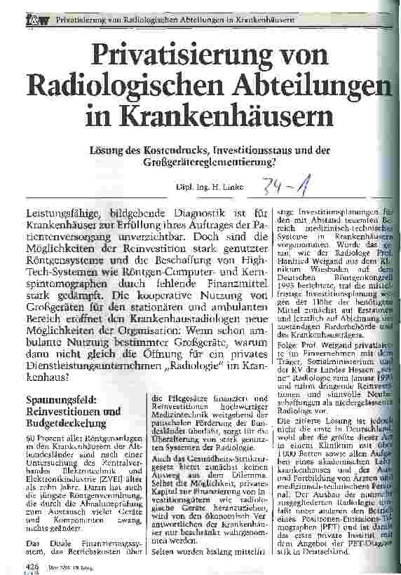 Vorschauseite 1: Privatisierung von Radiologischen Abteilungen in Krankenhäusern Lösung des Kostendrucks, Investitionsstaus und der Großgerätereglementierung?